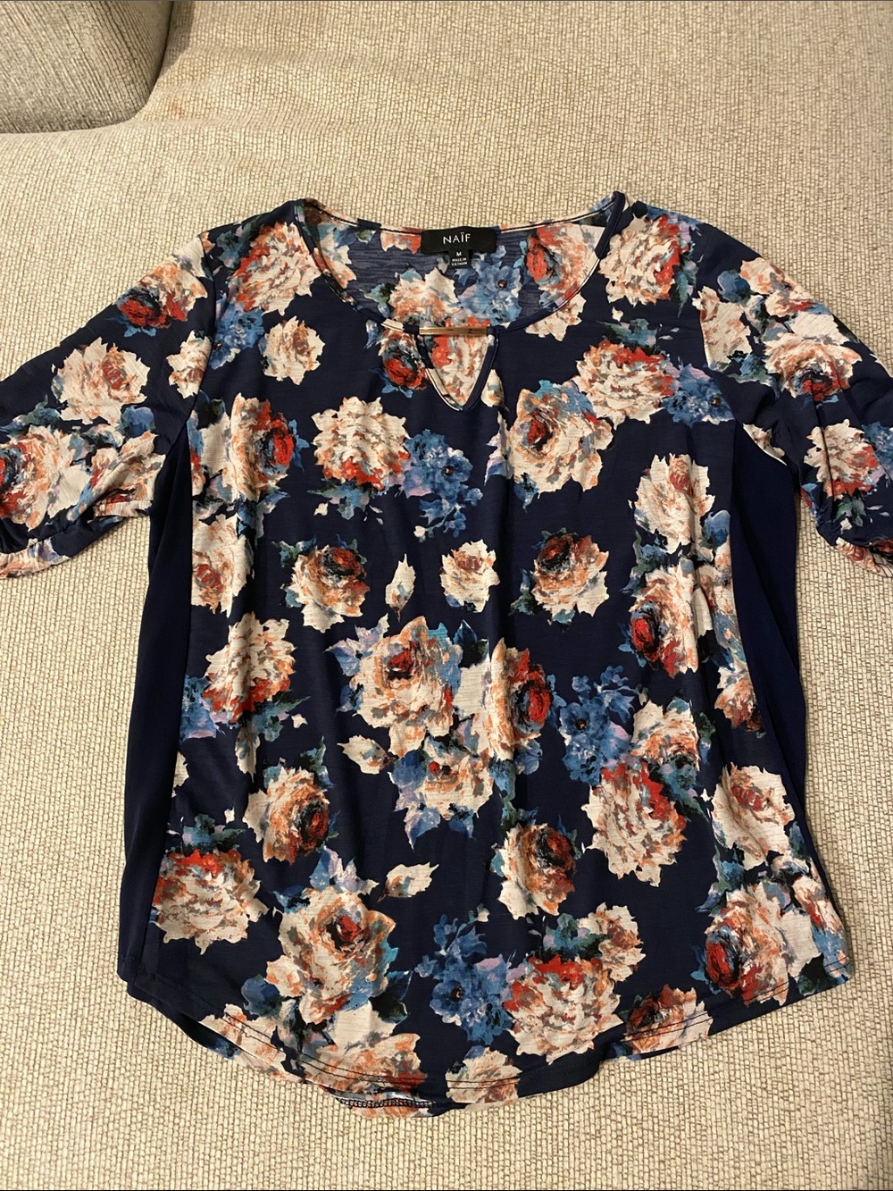 NAIF Navy Floral Keyhole Blouse with Cream & Blue Blooms